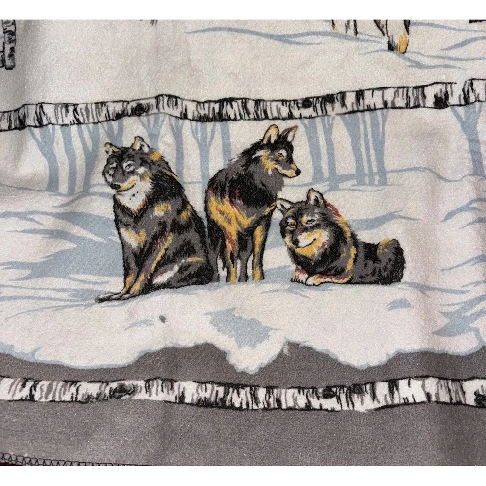 Vtg Blanket Wolves Acrylic Stiff Winter Wooded Scene Birch Trees 60 X 86